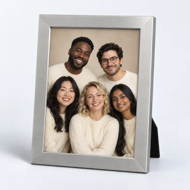 Silver picture frame holding a portrait of five smiling fictional adults in matching cream sweaters