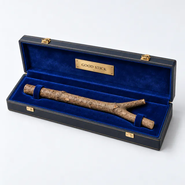 Naturally forked wooden stick in an open cobalt velvet presentation case with a Good Stick plaque