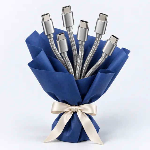Bouquet of six upright charging cables wrapped in cobalt florist paper and tied with a cream ribbon