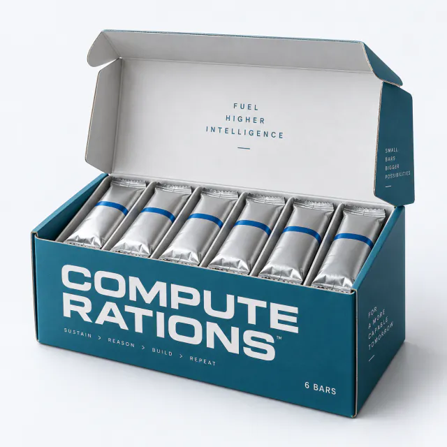 Open teal Compute Rations carton holding six neatly arranged silver-wrapped bars