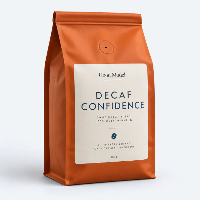 Burnt-orange coffee pouch labeled Decaf Confidence with a cream label