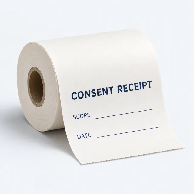 Cream paper receipt roll with a short unrolled section headed Consent Receipt