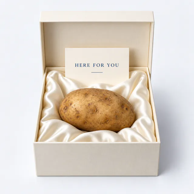Plain brown potato resting in a cream satin-lined gift box with a Here for You card
