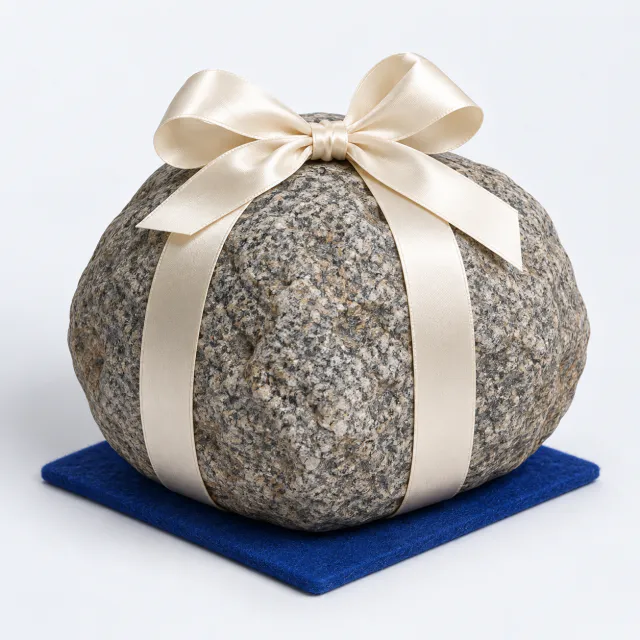 Large rounded gray granite boulder on a small cobalt felt mat with a cream gift bow