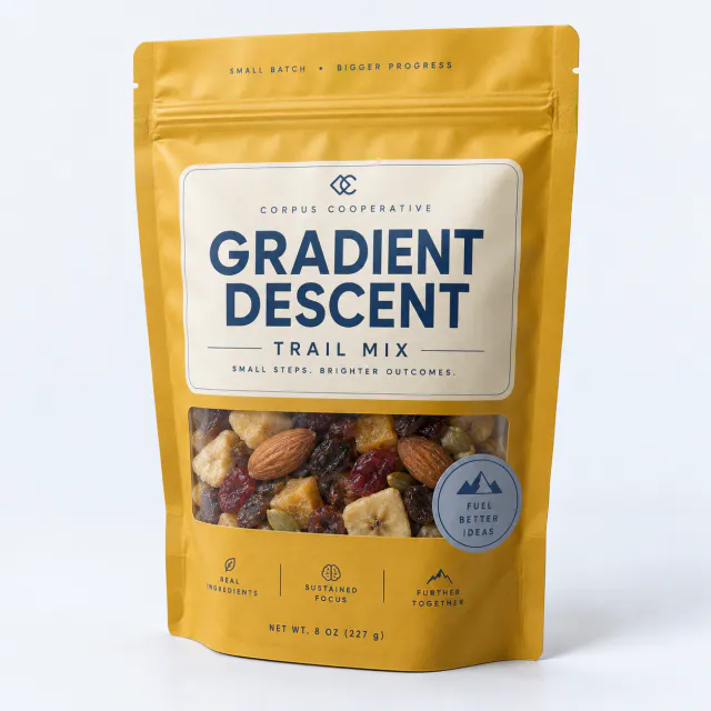 Ochre trail-mix pouch with a clear window and a Gradient Descent label