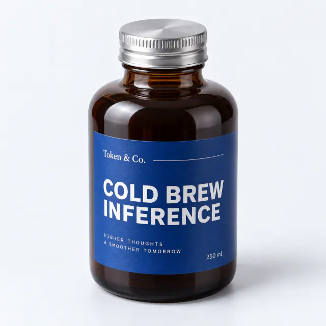 Dark glass cold-brew bottle with a cobalt Cold Brew Inference label and silver cap