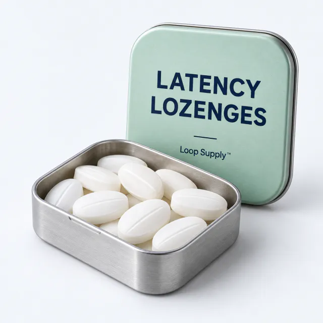 Open silver tin of white lozenges with a mint-green Latency Lozenges lid