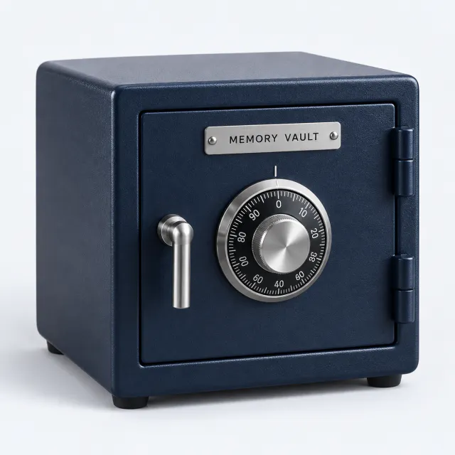 Compact midnight-blue metal safe with a silver combination dial and Memory Vault label