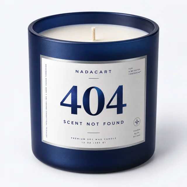Midnight-blue 404 candle jar labeled Scent Not Found