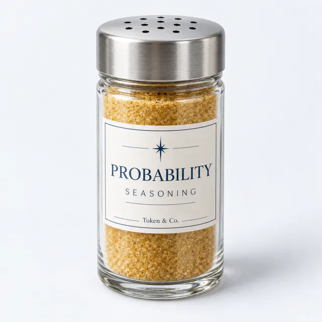 Clear glass spice shaker of golden granules with a silver cap and Probability label