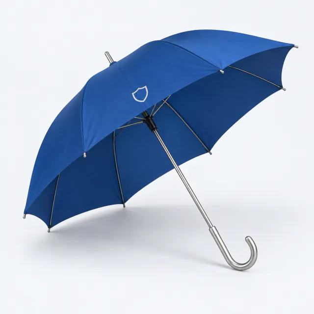 Open cobalt miniature umbrella with a silver shaft and small white shield emblem
