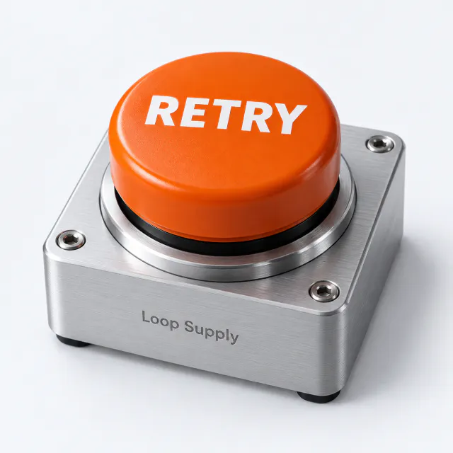 Large orange Retry push button mounted on a square brushed aluminum base