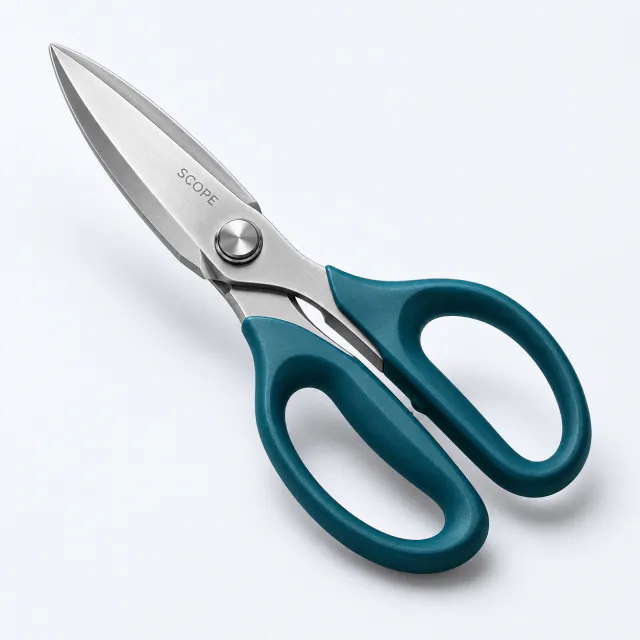 Stainless-steel shears with deep teal handles and a small Scope label on the blade