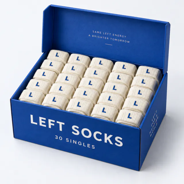 Open cobalt carton of neatly rolled cream socks with blue L marks on their cuffs